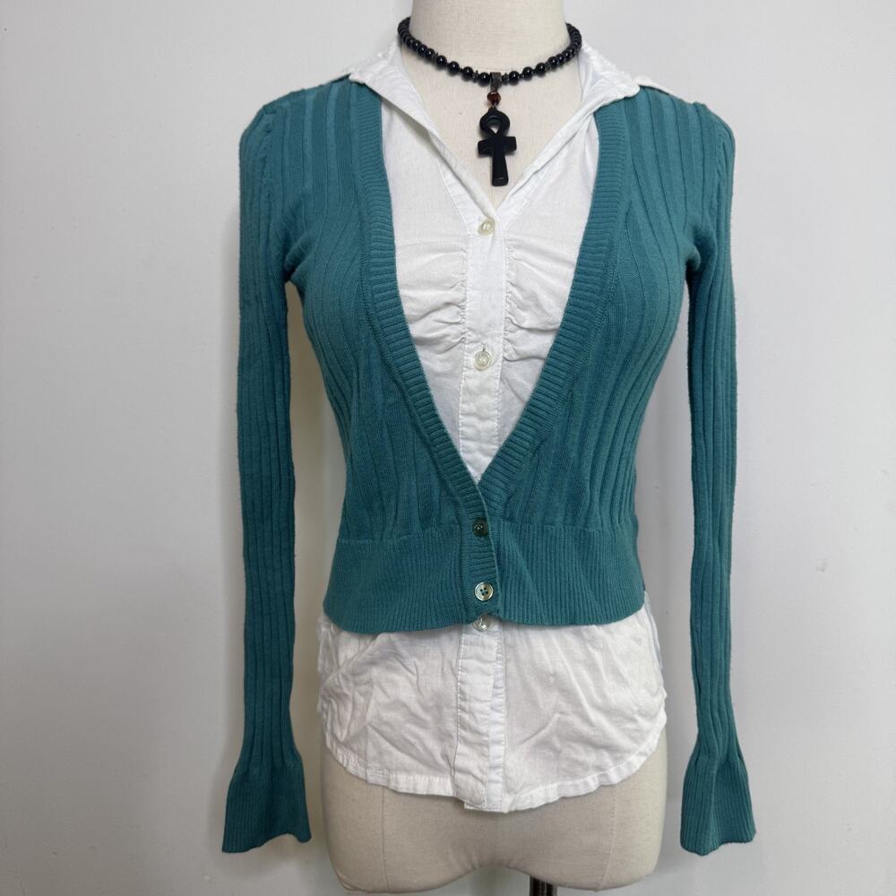 Vintage 90s Layered Mock Cardigan Top Aqua Ribbed Knit M